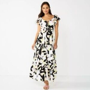 Nine West Multicolor Abstract Lined Maxi Tiered Dress Flutter Sleeves Sz Small